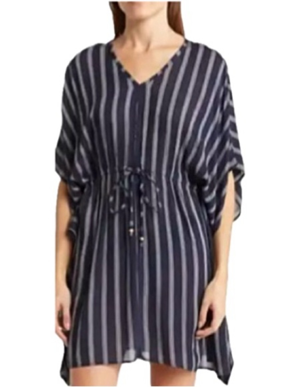 Boho Me Striped Kimono Swim Cover Up Size Large V-Neck Beaded Drawstring Waist